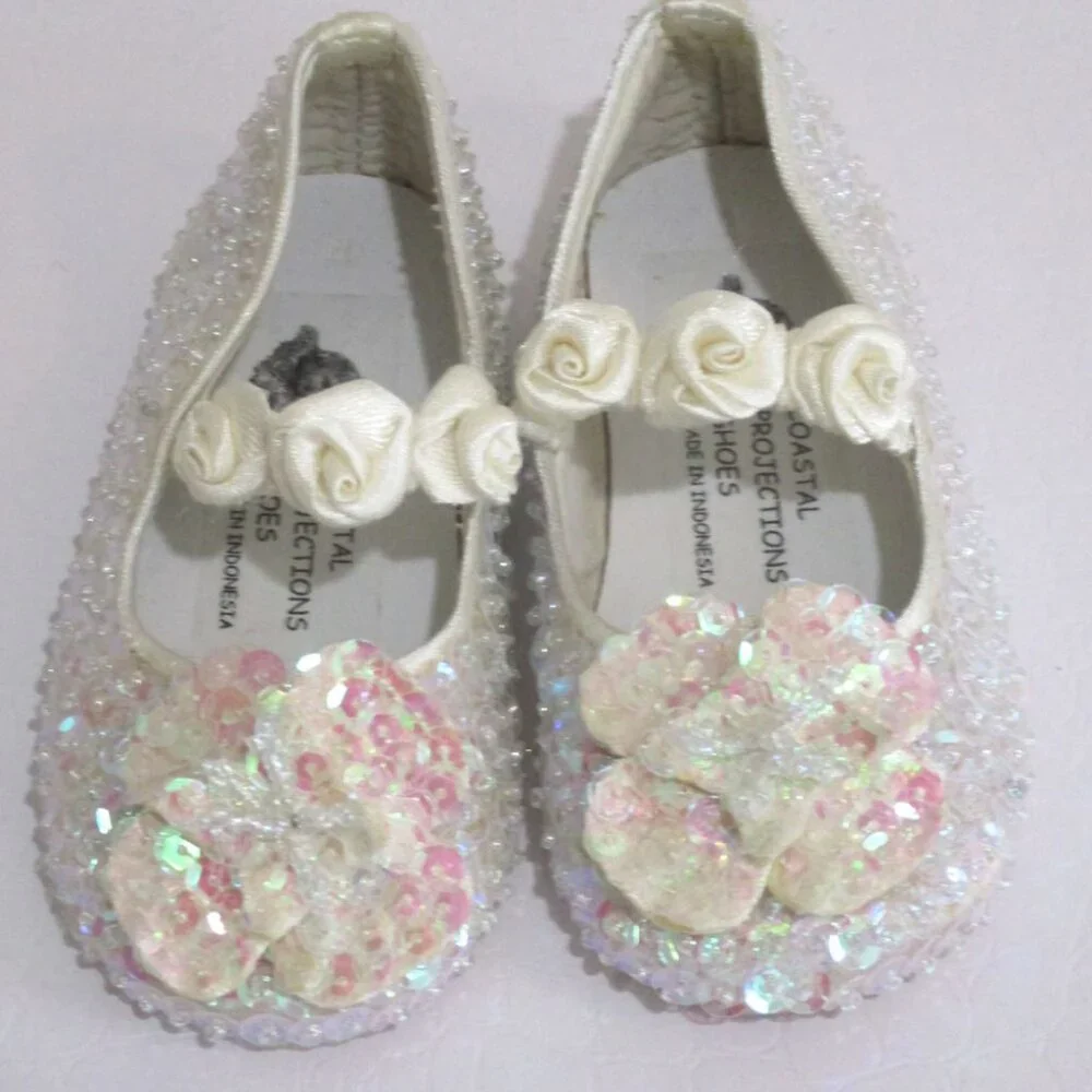 Ivory Sequin Girls Flats‎ Shoes Dance Recital Dress-Up Easter 0 4Inf 6 4 5 NEW